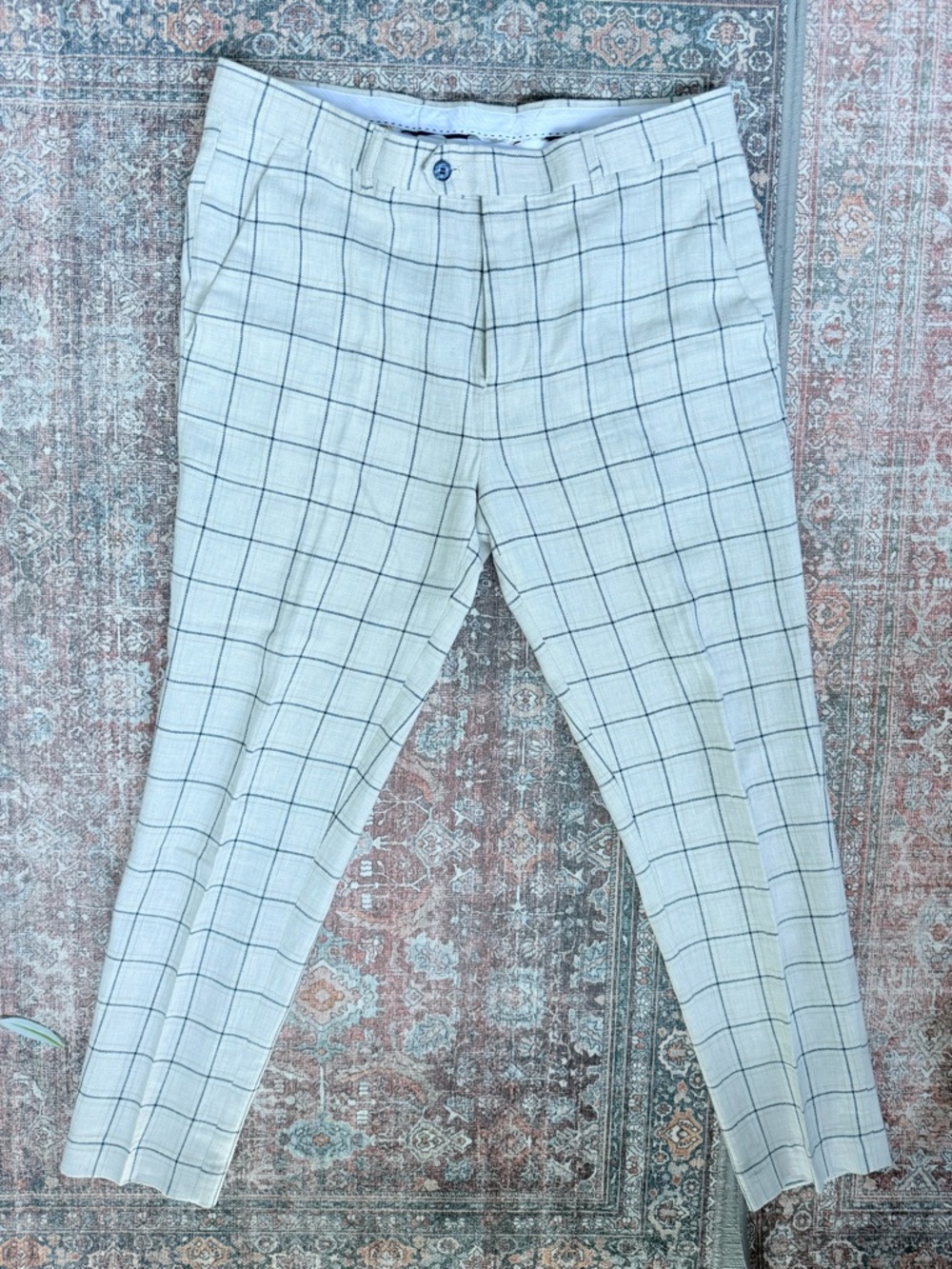 Men's Windowpane Two-Piece Suit - beige-blue lines size skinny 42 - Picture 11 of 16